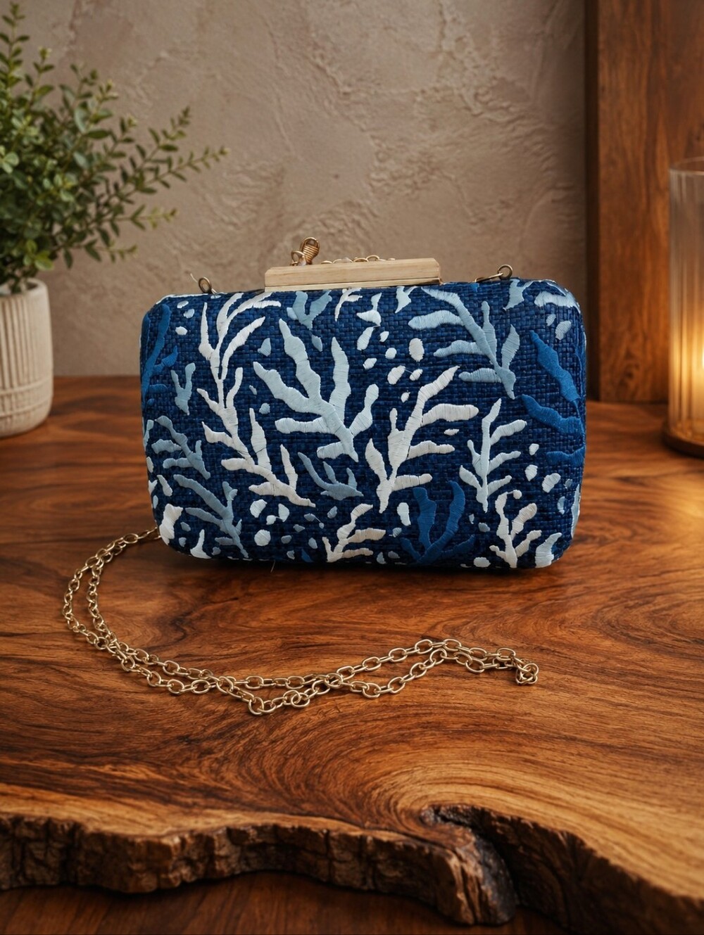 Shiraleah Chicago Blue Botanical Elegant Embroidered Clutch Bag NWT